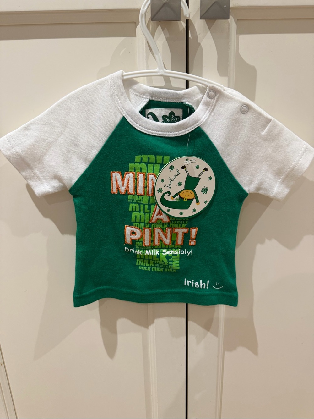 Irish 0-6m Green & White Kids Raglan Tee -mine’s a mint of milk for st Patrick’s